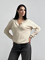 Женский пуловер с пуговицами, классический, трикотаж вафелька | Стильная Кофта с v-образным вырезом | Батал