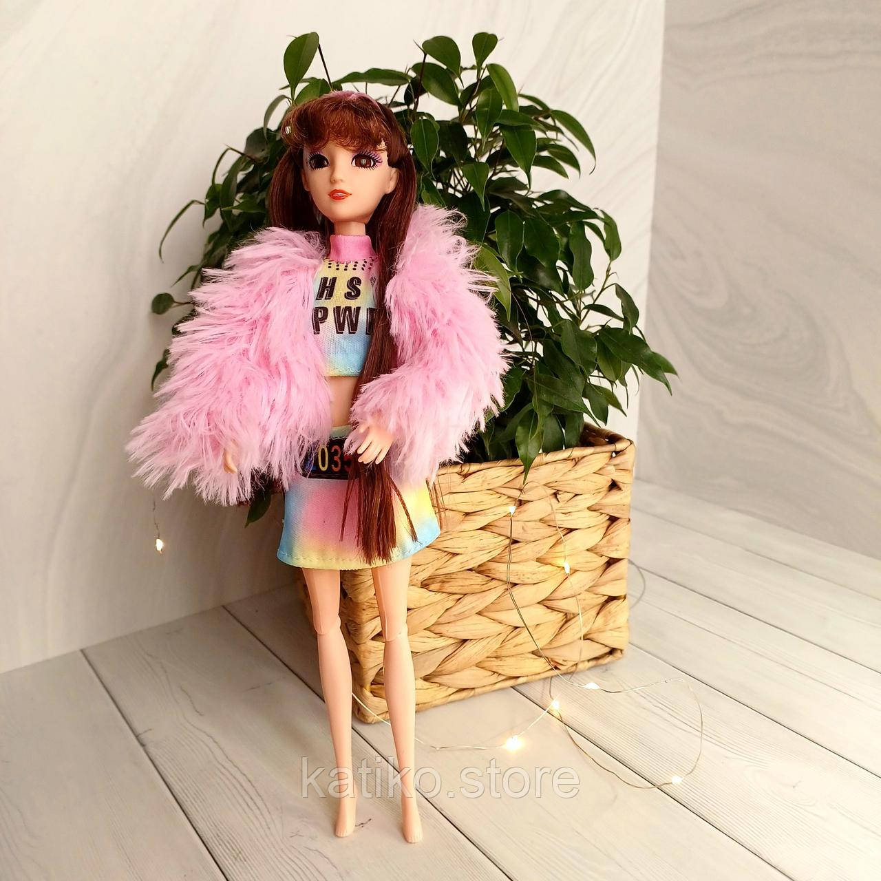 Одяг для ляльки, Яскравий топ та спідниця з рожевою шубою, Barbie, Bratz