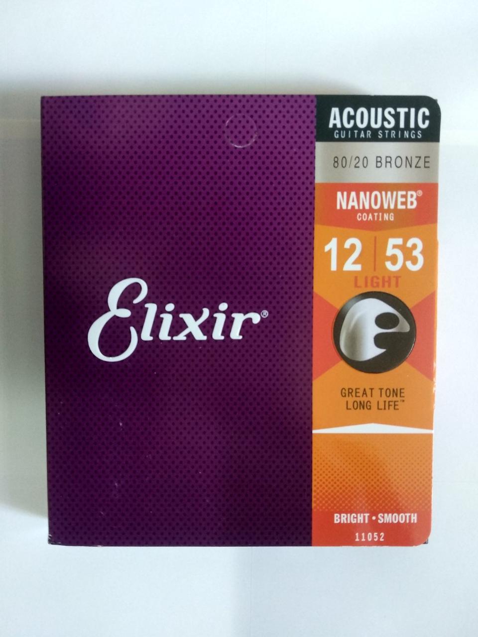 Струни для Акустичної Гітари Elixir 11052 Nanoweb 80/20 Bronze Acoustic Light 12/53 Bright & Smooth Focused
