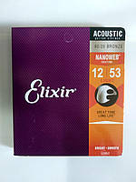 Струны для Акустической Гитары Elixir 11052 Nanoweb 80/20 Bronze Acoustic Light 12/53 Bright & Focused Smooth