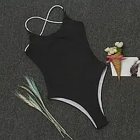 Сдельный женский купальник черного цвета с открытой спиной на завязках