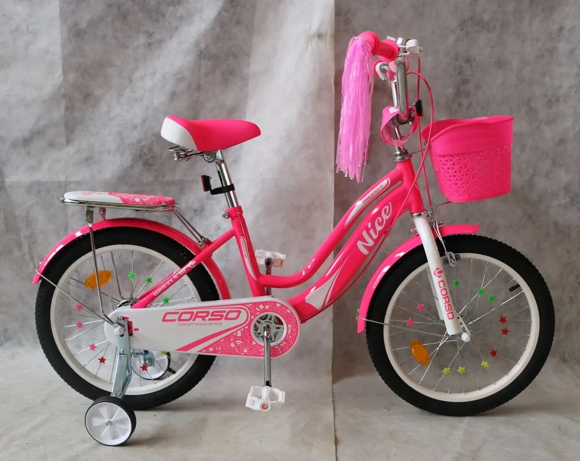 Дитячий велосипед з низькою рамою для дівчаток CORSO NC-18600 "Nice" 18 дюймів з кошиком, малиновий