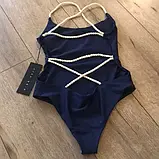 Жіночий купальник синього кольору із зав'язками на спині, фото 6