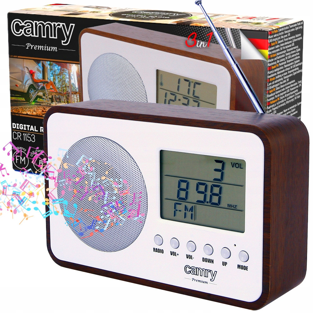 Цифрове радіо Camry CR 1153 — FM/DAB/DAB+, акумулятор 2000 мА·г, USB, годинник, будильник