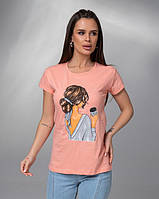Персиковая хлопковая футболка с ярким рисунком ISSA PLUS