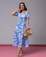 Цветочное голубое платье с открытыми плечами ISSA PLUS