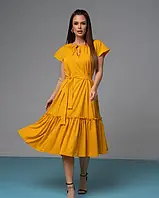 Свободное горчичное платье с воланом ISSA PLUS