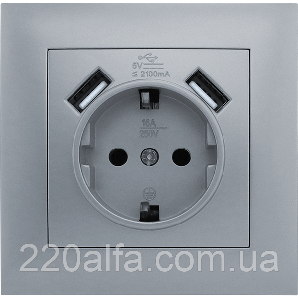 Розетка одномісна з заземленням та двома USB портами серія "IDEAL SILVER" ТМ"MARSHEL"