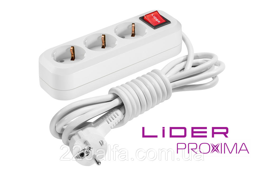 Подовжувач 3г 3м з заземленням і кнопкою LP16-343 PROXIMA ТМ "LIDER", фото 1