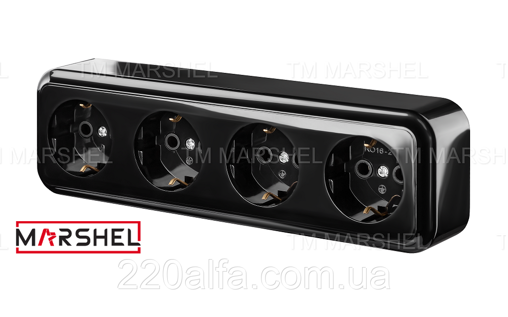 Розетка чотиримісна з заземленням серія "MAGLEV BLACK" ТМ "MARSHEL"