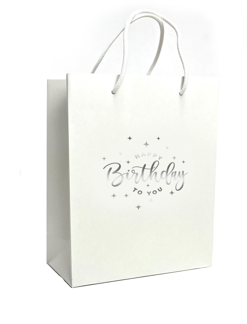 Пакет подарунковий 240×100×300 мм з тисненням "Happy Birthday" срібло