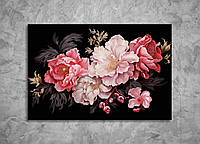 Картина Большие Яркие Цветы на Черном Фоне Цветочный Сад Цветы Стильный Настенный Декор Весенние Нежные Пионы
