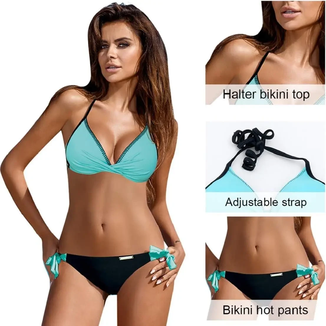 Жіночий купальник ліф зеленого кольору та чорні плавки на зав'язках, фото 1