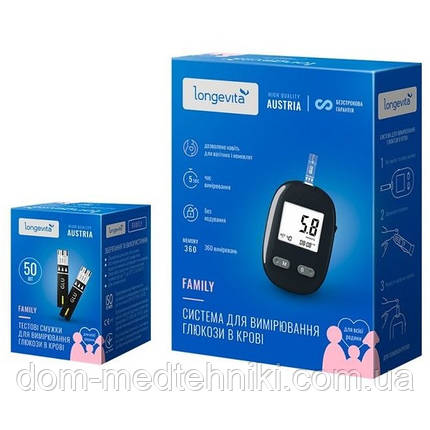 Глюкометр Longevita Family / Система вимірювання глюкози в крові + тест-смужки 50 шт., фото 1