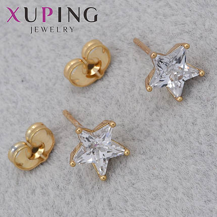 Серёжки гвоздик застежка золотистого цвета Xuping Jewelry позолота 18 К в лапках кристаллы звездочки 10х10 мм, фото 1