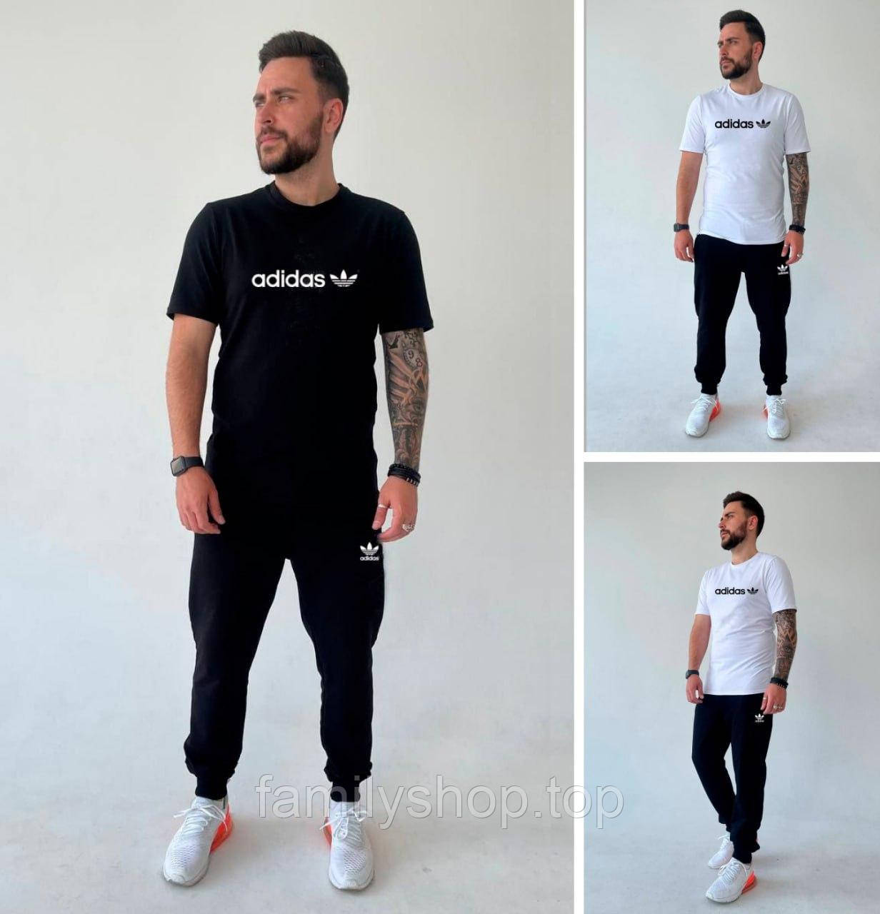 Чоловічий спортивний костюм Adidas літній повсякденний із футболкою, чорний, чорно-білий, р. 46, 48, 50, 52, 54, фото 1