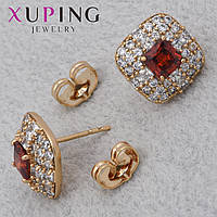 Серьги женские золотистого цвета Xuping Jewelry гвоздики пуссеты с белыми и рубиновыми камушками диаметр 12 мм