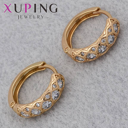 Серёжки женские позолота 18K Xuping Jewelry кольцо конго с узорами и белыми кристаллами диаметр колечка 15 мм, фото 1