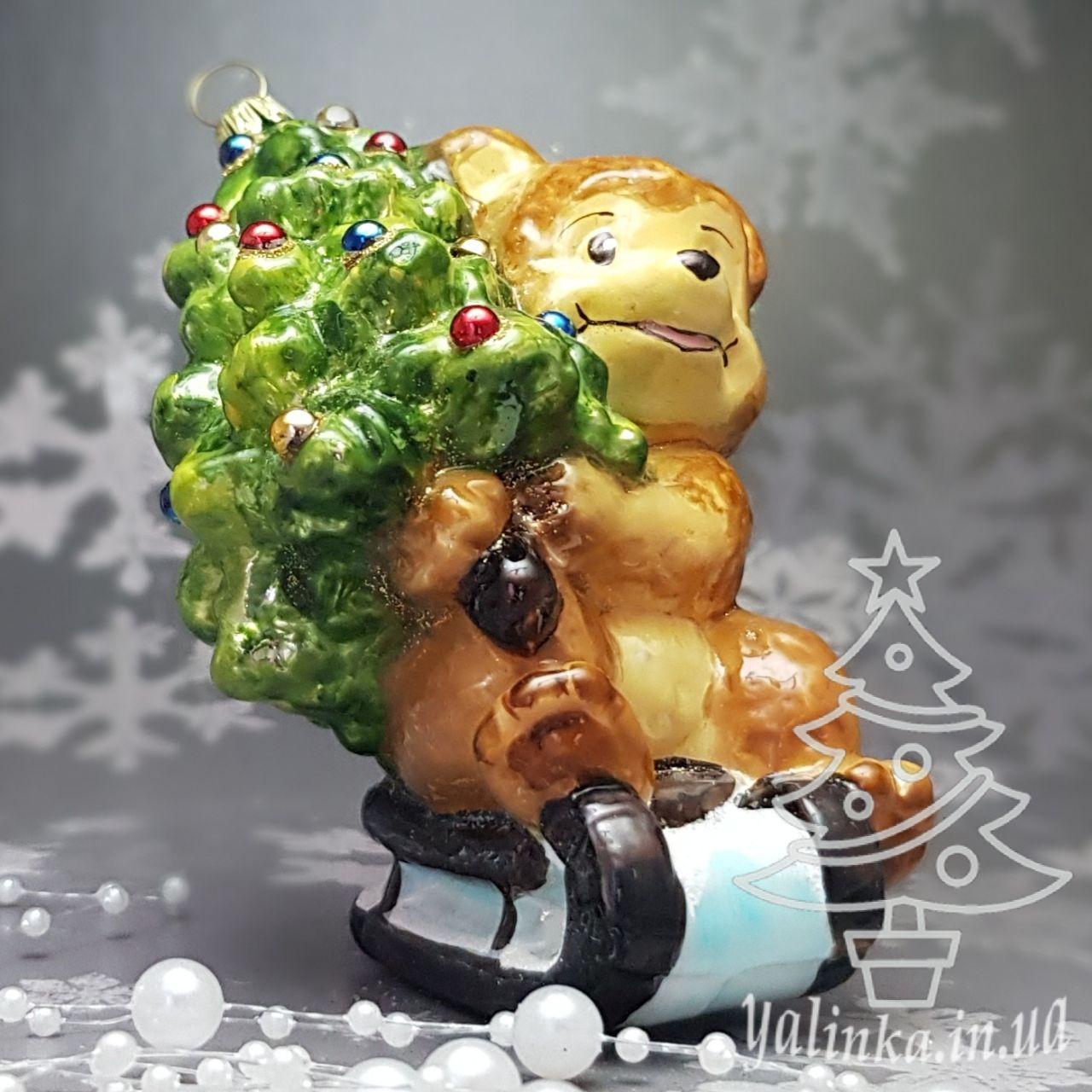 Скляна ялинкова іграшка ведмедик на санчатах з ялинкою   Komozja Family Santa Claus