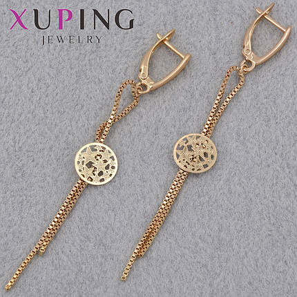 Серьги женские золотистого цвета Xuping Jewelry английская застёжка с висюльками и монетками длина 70 мм, фото 1
