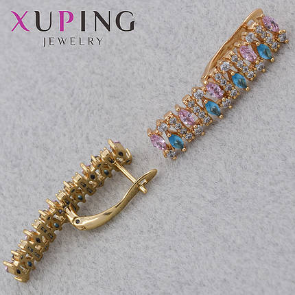 Серьги женские золотистого цвета Xuping Jewelry английская застёжка с разноцветными стразами размер 28х6 мм, фото 1