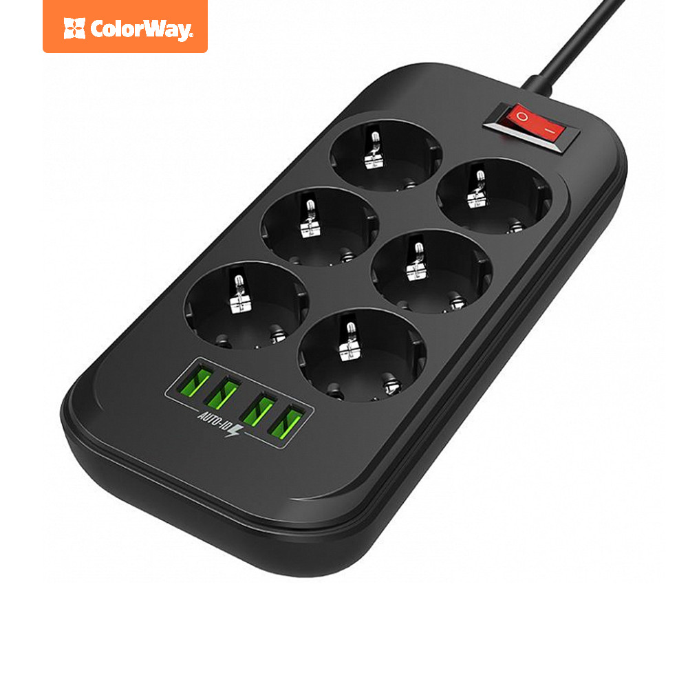 Мережевий фільтр-подовжувач СolorWay 6 розеток/4USB Black 2M (CW-CHE64B)