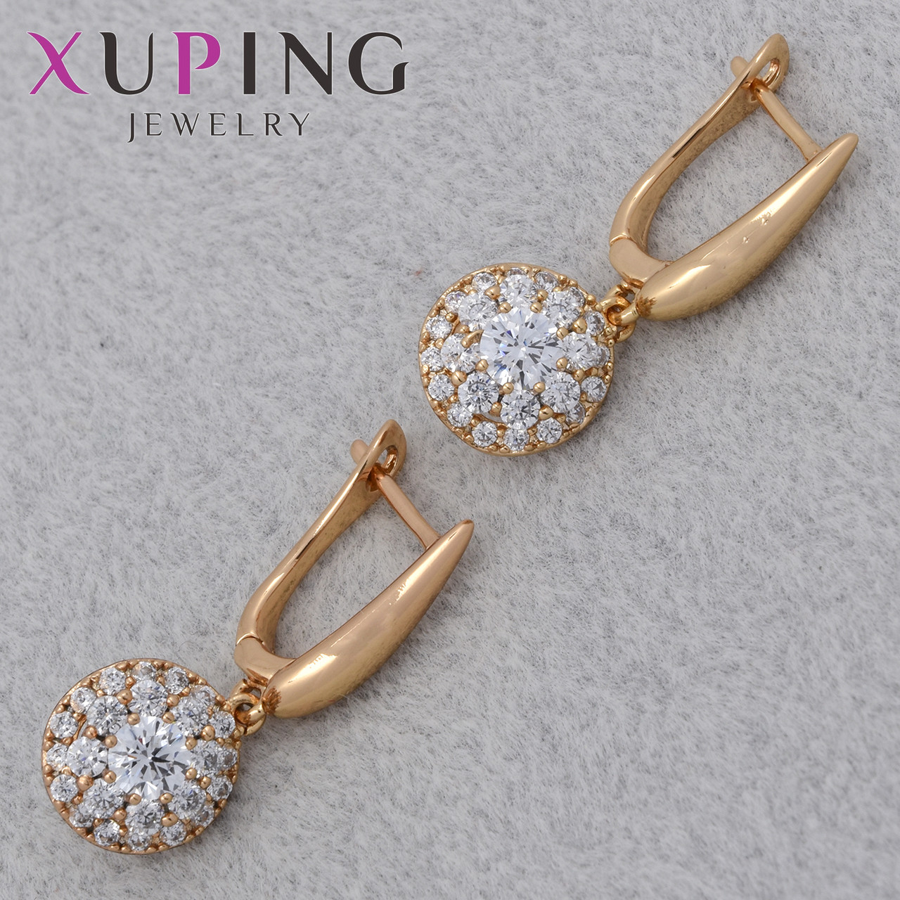 Серьги женские золотистого цвета Xuping Jewelry английская застёжка с белыми кристаллами размер 30х11 мм