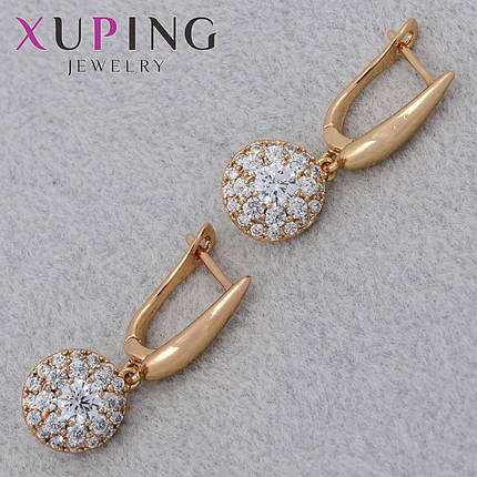 Серьги женские золотистого цвета Xuping Jewelry английская застёжка с белыми кристаллами размер 30х11 мм, фото 1