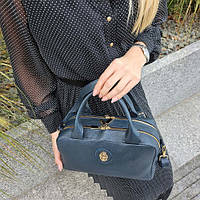 Большая черная сумка с карманами из натуральной лаковой кожи женская Синий
