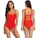 Жіночий червоний суцільний купальник з утяжкою на спині виріз з тканинними смужками, фото 2