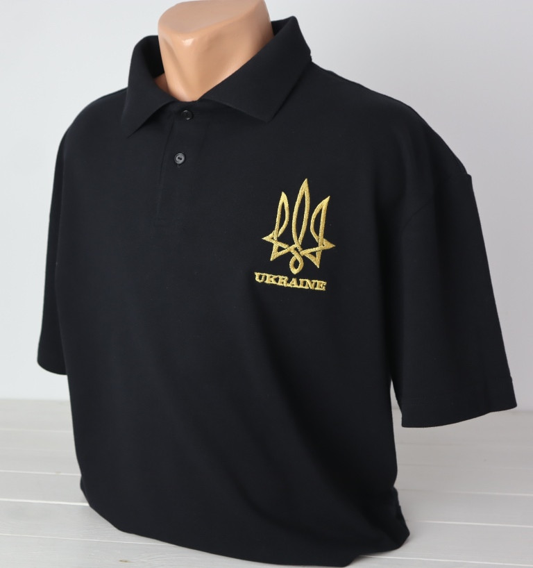 Чоловіча футболка Поло з вишивкою Золотий Тризуб тканина Лакоста, футболка вишивка, футболка поло вишита, футболка з вишиванкою