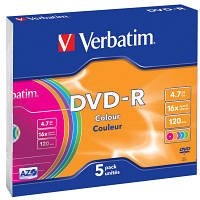 Диск DVD Verbatim 4.7Gb 16X Slim case 5 шт Color 43557 DAS
