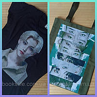 Комплект футболка черная S Ли Феликс (Ли Йонбук) + сумка шоппер зелена Stray Kids