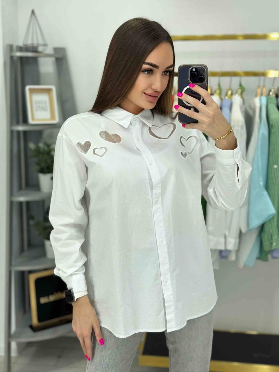 Сорочка Patiskha жіноча бавовна прозорі серця довгий рукав 42 біла, фото 1