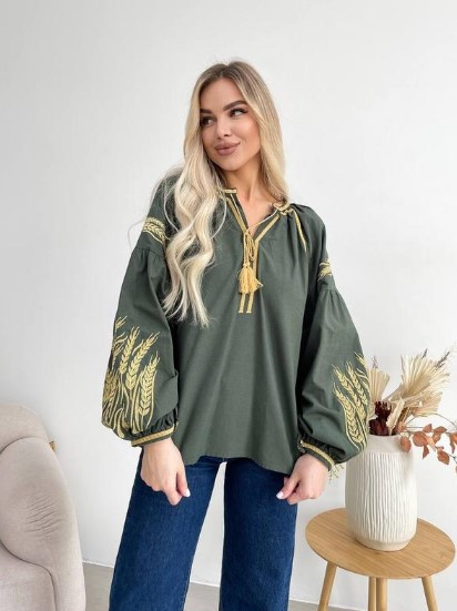 Вишиванка жіноча, блуза кольору хакі з об'ємними вишитими рукавами розміри S, M, L