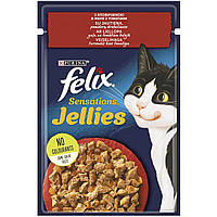 Влажный корм Феликс Felix Sensations Jellies для кошек кусочки с говядиной и томатами в желе 85 г, Purina