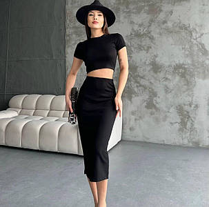 Жіночий літній костюм, комплект топ і пряма спідниця міді з розрізом