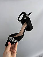 Женские туфли экозамша черные на высоком устойчивом каблуке со стразами с острым носиком 36