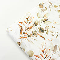 Лоскуток.Ткань бязь веточки с коричневыми листьями на белом фоне № 2108, 25*160 см