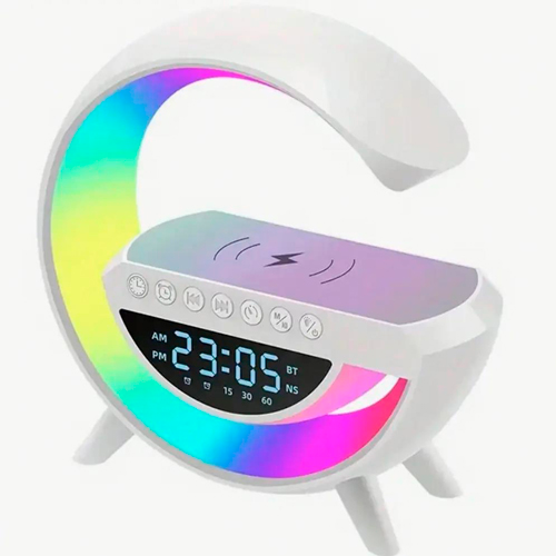 Акумуляторний RGB нічник BT-3401, годинник, бездротова зарядка, Bluetooth колонка