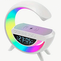 Акумуляторний RGB нічник BT-3401, годинник, бездротова зарядка, Bluetooth колонка