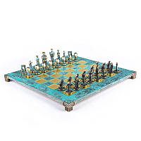 Шахматы подарочные в деревянном футляре латунь бирюзовые 44х44 см Manopoulos 670502