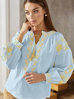 Молодіжна блуза, сорочка, вишиванка, блакитного кольору з жовтою вишивкою, широкі рукави S, M, L
