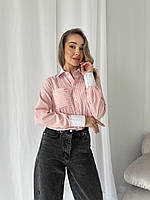 Классическая рубашка в полоску с белым воротничком+манжетами розовый