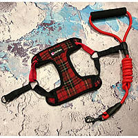 Шлея для собак тканинна з повідцем, забарвлення в шотландську карту, червона 0,8*120 см