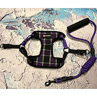 Шлея для собак тканинна з повідцем, забарвлення в шотландську карту, фіолетова 0,8*120 см
