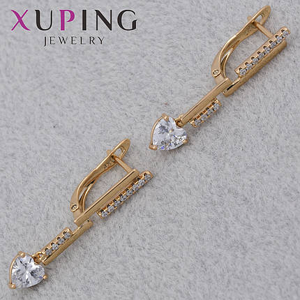 Серьги женские золотистого цвета Xuping Jewelry английская застёжка с белыми камушками сердечки размер 30х3 мм, фото 1
