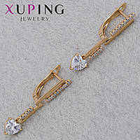 Серьги женские золотистого цвета Xuping Jewelry английская застёжка с белыми камушками сердечки размер 30х3 мм