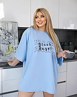 Платье футболка широкого кроя с термо-аппликацией двунитка голубой