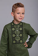 Сучасна вишита сорочка на хлопчика з льону,кольору хакі арт. 4434